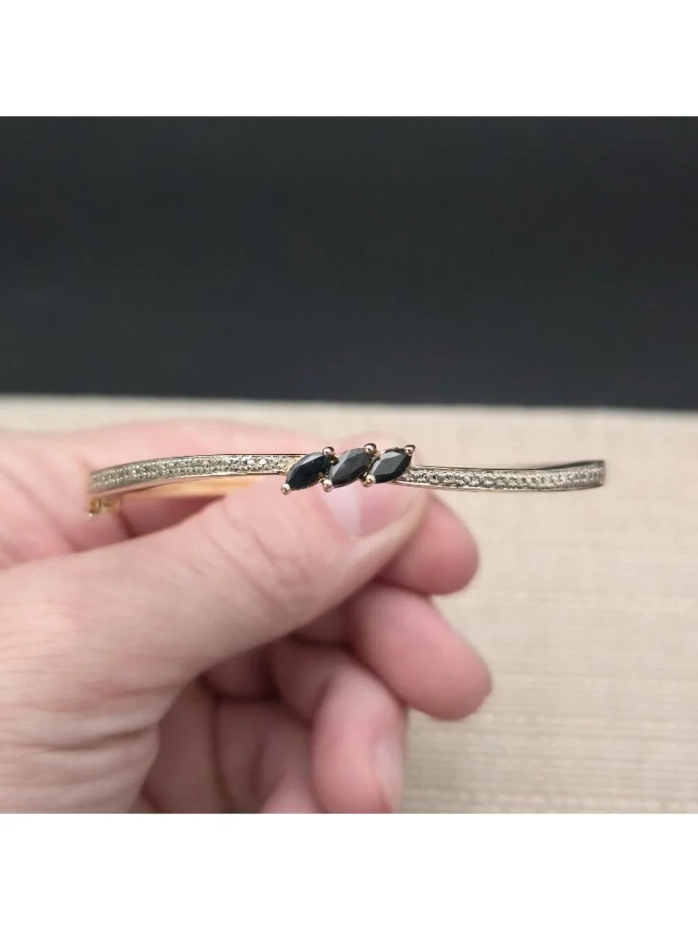 6.5 Inch Gold Over Sterling Silver Black Sapphire Hinged Bangle Bracelet B1457